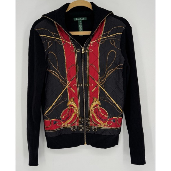 Lauren‎ Ralph Lauren Silk Wool Equestrian Sweater Cardigan Jacket Zip Women's M - Picture 1 of 7